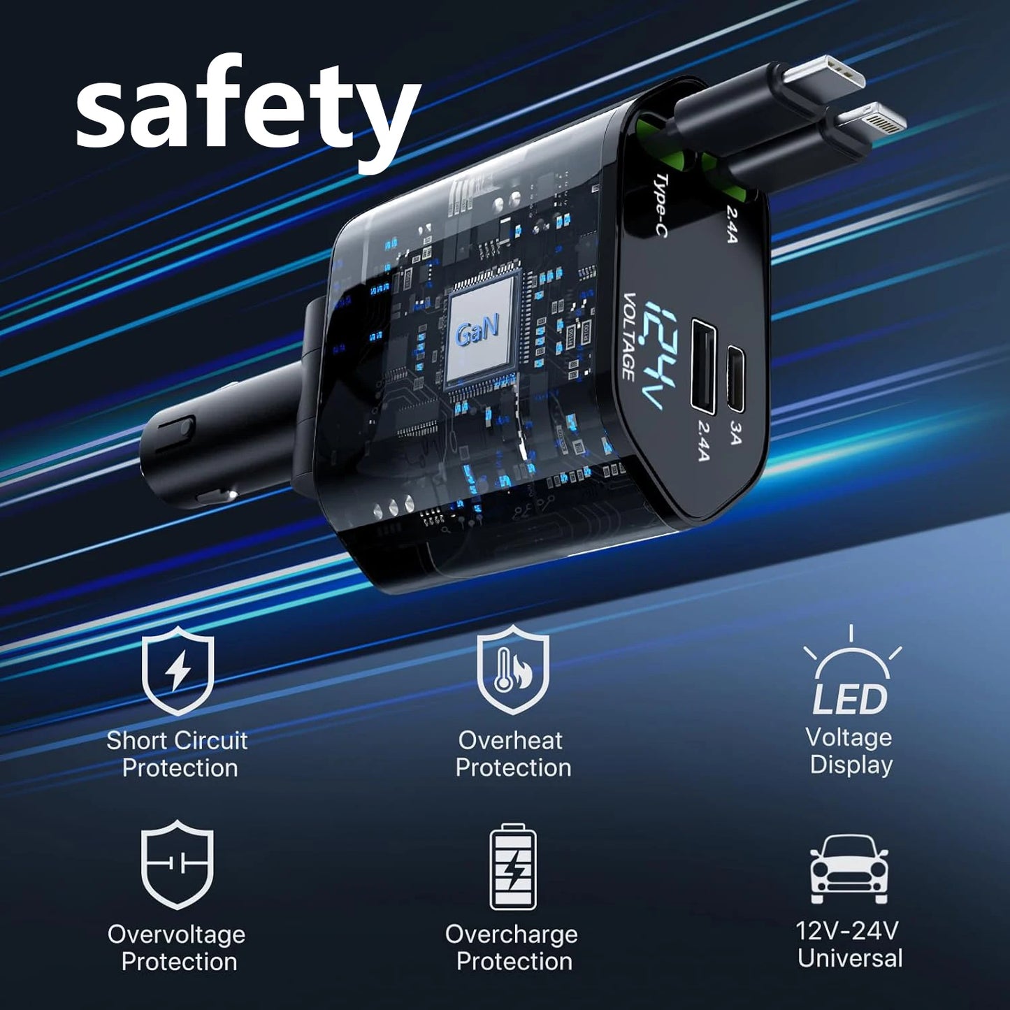 4 in 1Retractable Car Charger 120W Fast Charger
