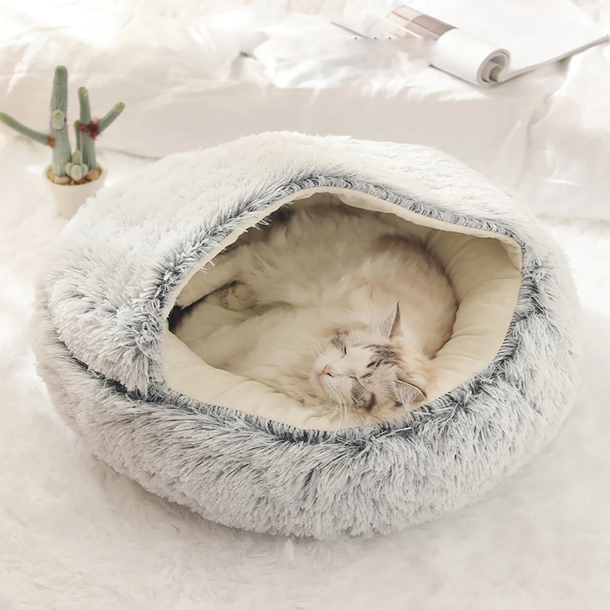 Round Plush Hooded Cats or Small Dogs Bed