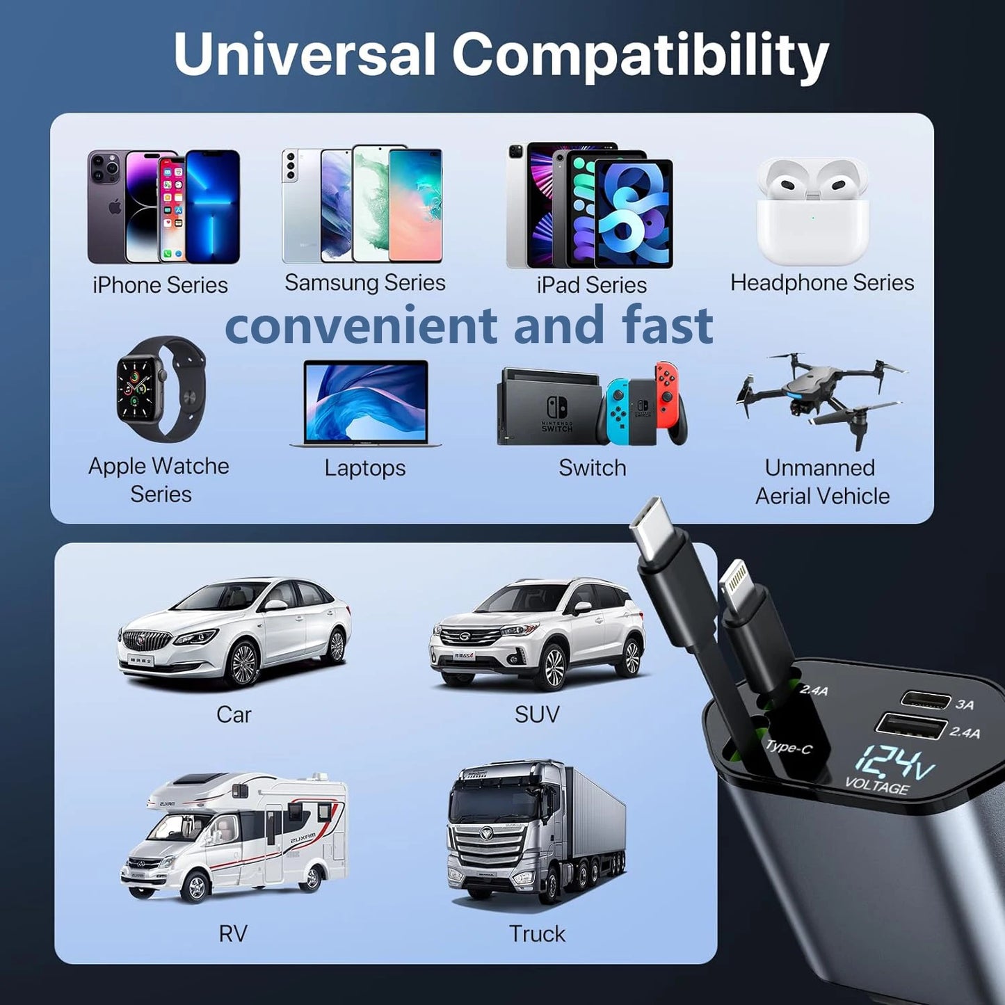 4 in 1Retractable Car Charger 120W Fast Charger