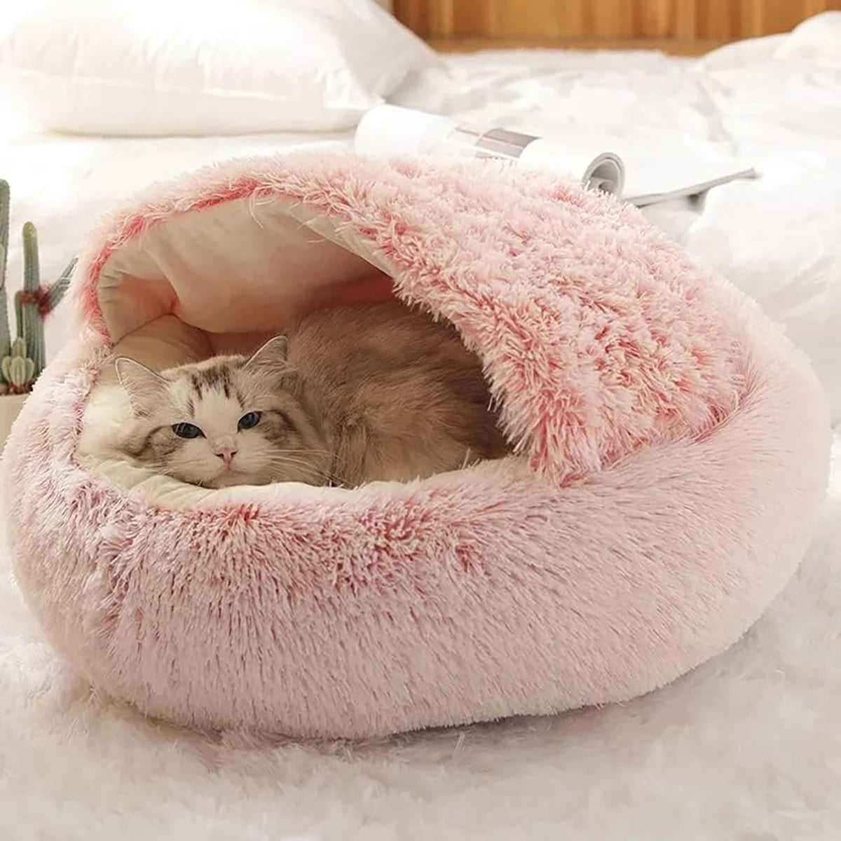 Round Plush Hooded Cats or Small Dogs Bed
