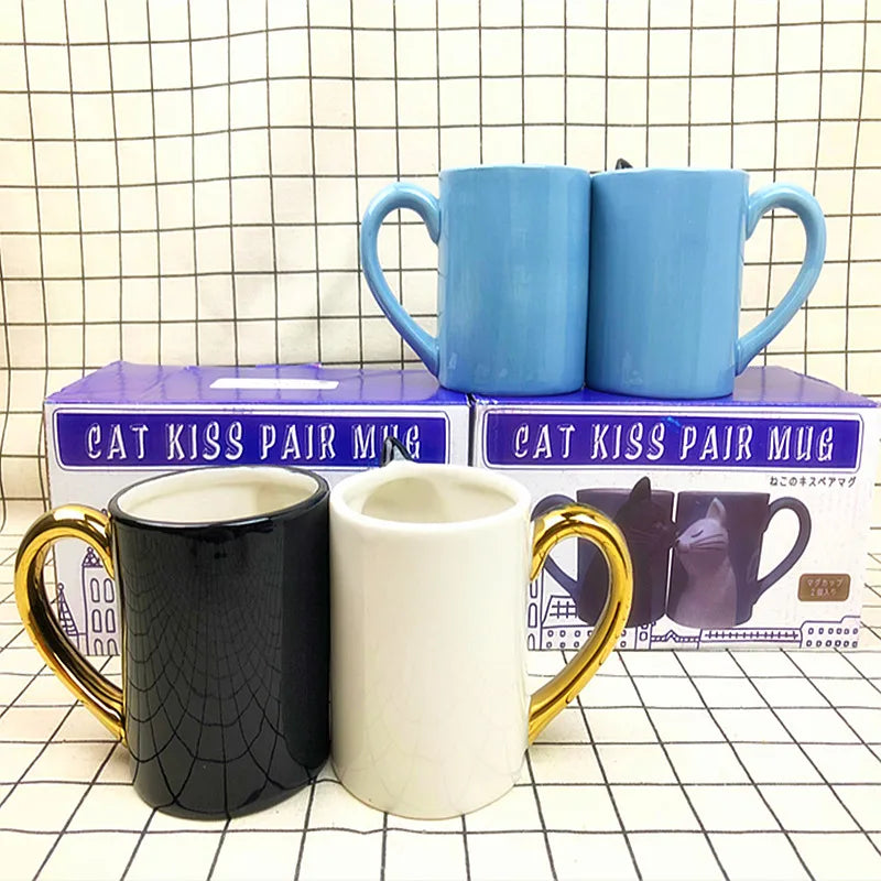 2Pcs Kiss Cat Ceramic Mugs for Couples, Married Mugs, Anniversary Mug, Morning Milk Coffee, Tea Cup Breakfast, Valentines Day,
