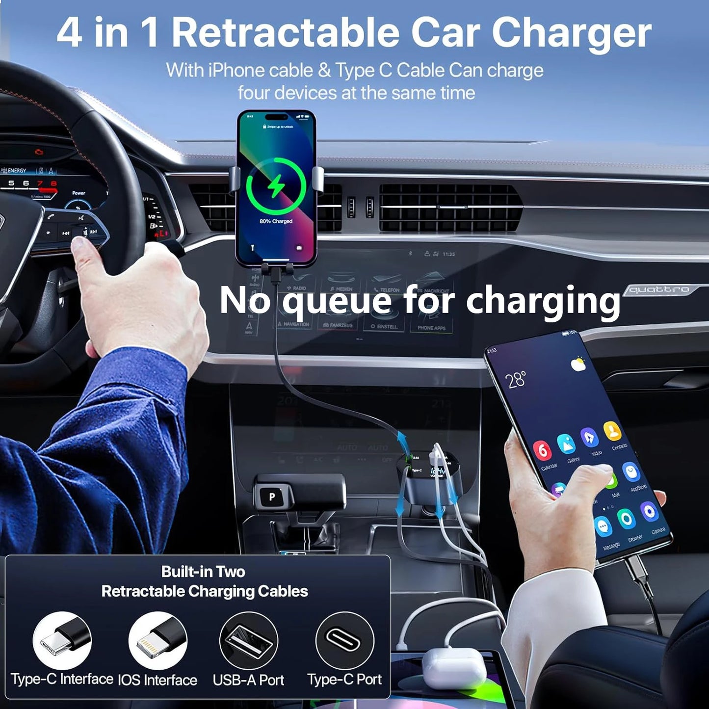 4 in 1Retractable Car Charger 120W Fast Charger