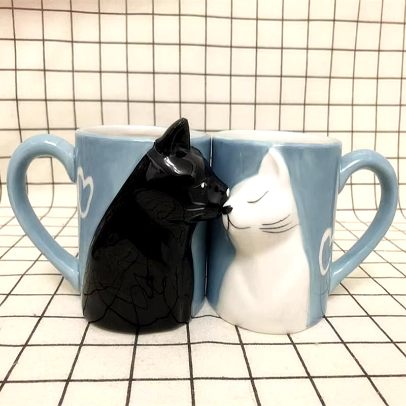 2Pcs Kiss Cat Ceramic Mugs for Couples, Married Mugs, Anniversary Mug, Morning Milk Coffee, Tea Cup Breakfast, Valentines Day,