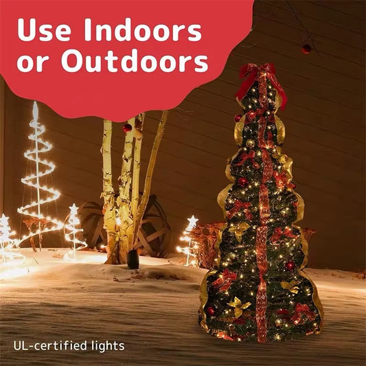 Collapsible Christmas Tree with Decorations & Warm Lights – Easy Pull-Up Installation