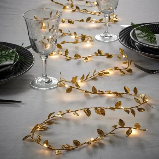 2M 20-LED Golden Leaves Fairy Lights – Battery-Powered Copper Wire String for Wedding, Home, Party, and DIY Christmas Decor.