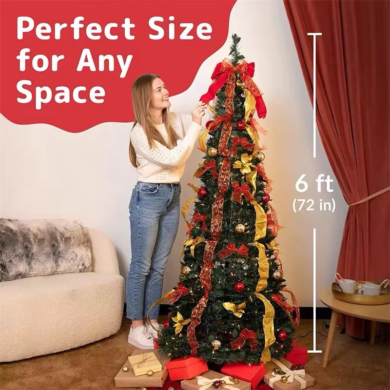Collapsible Christmas Tree with Decorations & Warm Lights – Easy Pull-Up Installation