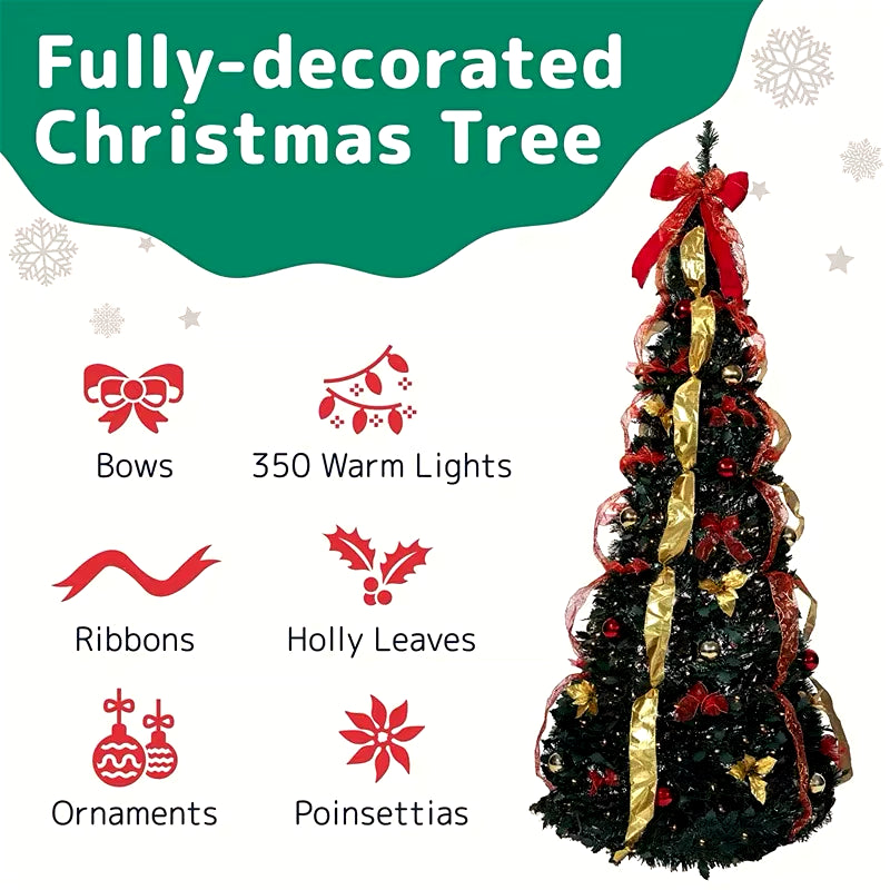 Collapsible Christmas Tree with Decorations & Warm Lights – Easy Pull-Up Installation