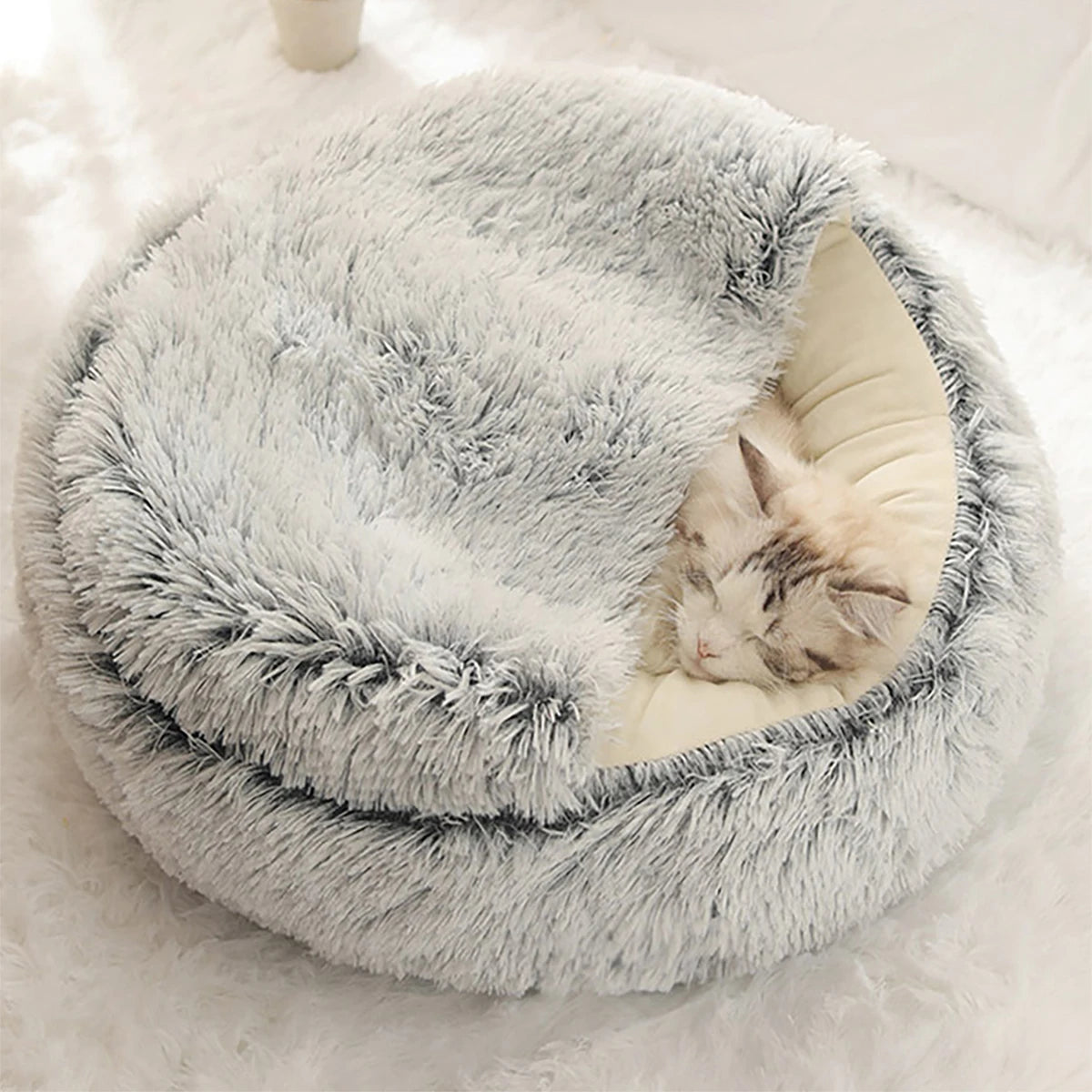 Round Plush Hooded Cats or Small Dogs Bed