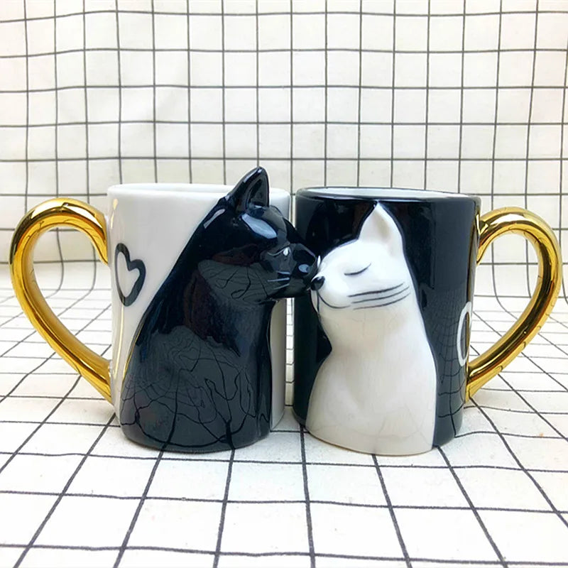 2Pcs Kiss Cat Ceramic Mugs for Couples, Married Mugs, Anniversary Mug, Morning Milk Coffee, Tea Cup Breakfast, Valentines Day,