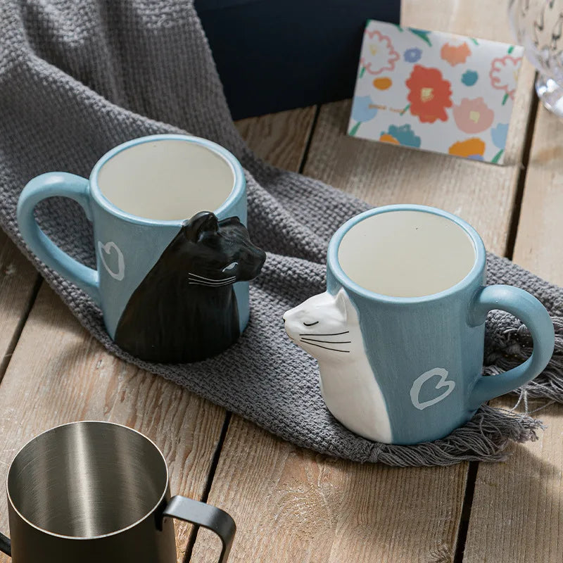 2Pcs Kiss Cat Ceramic Mugs for Couples, Married Mugs, Anniversary Mug, Morning Milk Coffee, Tea Cup Breakfast, Valentines Day,