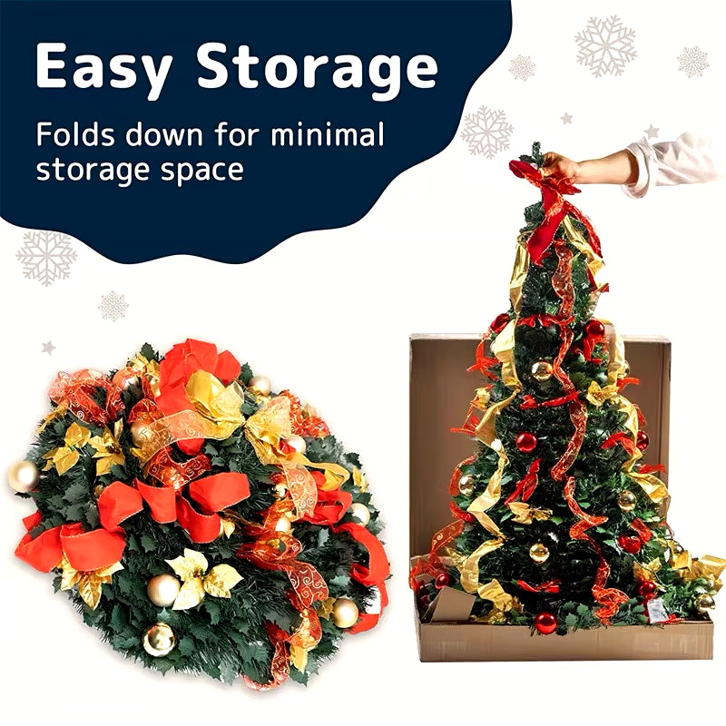 Collapsible Christmas Tree with Decorations & Warm Lights – Easy Pull-Up Installation